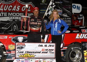 Earl Pearson, Jr., seen here from an earlier win, scored the Lucas Oil Late Model Dirt Series victory Saturday night at Brownstown Speedway.  Photo by Mike Ruefer