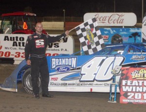 Kyle Bronson, seen here from an earlier victory, scored the Late Model feature win Saturday night at East Bay Raceway Park.  Photo by Mike Horne