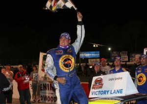 George Brunnhoelzl III, seen here from an earlier victory, scored the NASCAR Whelen Southern Modified Tour victory Saturday night at Caraway Speedway.  Photo by Mark Rogers Jr./NASCAR