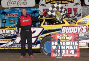 Jack Nosbisch, Jr. was able to hold off Bryan Bernhardt to pick up his first Late Model win of the 2014 Season at East Bay Raceway Park Saturday night.  Photo by Mike Horne