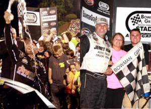 Burt Myers (left) and Chris Fleming (right) both scored victories in Saturday night's twin Modified features at Bowman Gray Stadium.  Photo by Eric Hylton Photography