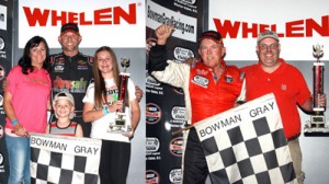Jason Myers (left) and Junior Miller (right) scored wins in Saturday night's twin Modified features at Bowman Gray Stadium.  Photo by Eric Hylton Photography