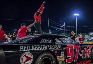 Josh Weston celebrates after scoring his first Pro Late Model victory Saturday night on the high banked Fairgrounds Speedway Nashville in Nashville, TN.  Photo by Barry Cantrell