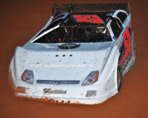 Lee Cooper powers through the corners on his way to the Crate Late Model victory at Toccoa Speedway Saturday night.  Photo by DTGW Productions