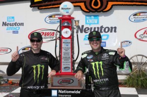 Sam Hornish, Jr. (right) and crew chief Adam Stevens (left) celebrate in victory lane after winning Sunday's NASCAR Nationwide Series race at Iowa Speedway. Photo by Todd Warshaw/NASCAR via Getty Images