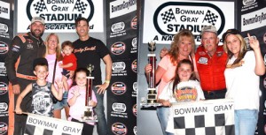 Jason Myers (left) scored the first Modified feature win, while Junior Miller (right) went to victory lane in the second feature Saturday night at Bowman Gray Stadium.  Photos by Eric Hylton Photography