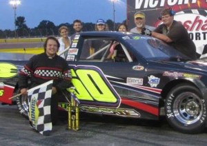 Ty Roberts celebrates in Gresham Motorsports Park's victory lane after scoring his first Truck division win at the track Saturday night.  Photo courtesy GMP Media