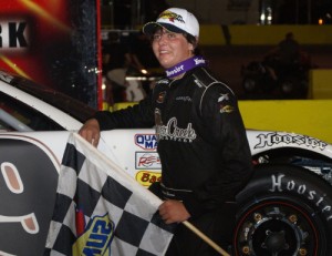 Anderson Bowen made the late race pass on Daniel Hemric to score his first Southern Super Series Suepr Late Model victory Saturday night at Gresham Motorsports Park.  Photo by Terry Spackman