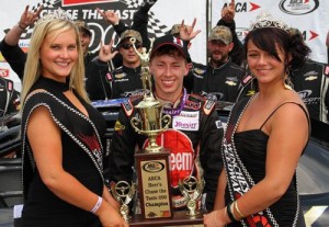 Brandon Jones smiles in victory lane after scoing the ARCA win in his series debut at the legendary Winchester Speedway.  Photo courtesy ARCA Media