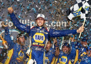Chase Elliott celebrates after winning Saturday night's NASCAR Nationwide Series race at Chicagoland Speedway.  It marked the third win of the year for Elliott.  Photo by Sean Gardner/NASCAR via Getty Images