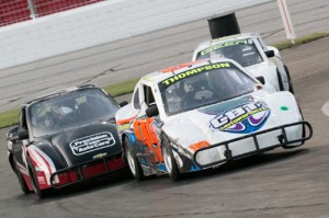 Clay Thompson (99) leads the pack en route to the Bandolero Bandits feature Thursday Thunder win at Atlanta Motor Speedway.  Photo by Tom Francisco/Speedpics.net