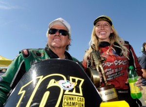 Courtney Force defeated her father John Force to score the NHRA Funny Car victory Sunday at Sonoma Raceway.  Photo courtesy NHRA Media