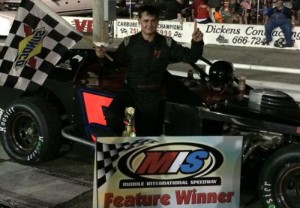 Donald Crocker, seen here from an earlier victory, scored the Modified feature win Saturday night at Mobile International Speedway.  Photo courtesy Mobile Int'l Speedway Media