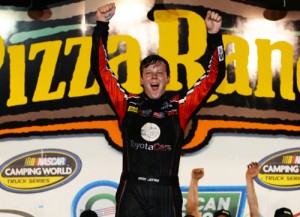 Erik Jones celebrates after winning the NASCAR Camping World Truck Series race at Iowa Speedway Friday night.  Photo by Robert Laberge/NASCAR via Getty Images