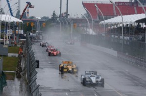 The field attempts to start race 1 of the Honda Indy Toronto on Saturday.  Rain finally pushed the race to Sunday for a double header for the Verizon IndyCar Series.  Photo by Chris Jones