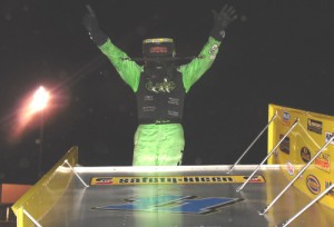 Joey Aguilar celebrates with a wing walk after scoring his first USCS victory since 2010 on Friday night at Anderson Motor Speedway. Photo by Jacob Seelman
