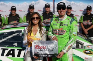 Kyle Busch poses with the Coors Light Pole Award after qualifying for the pole for Sunday's NASCAR Sprint Cup Series race at New Hampshire Motor Speedway.  Photo by Nick Laham/Getty Images