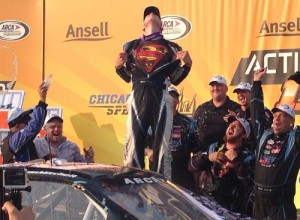 Mason Mitchell celebrates after scoring his first ARCA Racing Series victory Saturday at Chicagoland Speedway.  Photo courtesy ARCA Media