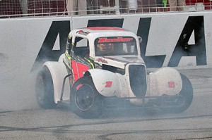 Oakwood, GA's R.S. Senter celebrates with a burnout on the frontstretch at Atlanta Motor Speedway's "Thunder Ring" after scoring his sixth Thursday Thunder victory of the season last week.  Photo by Tom Francisco/Speedpics.net