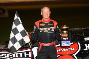 Ronnie Johnson celebrates his fifth NeSmith Chevrolet Dirt Late Model Series win of the 2014 season on Sunday night at Magnolia Motor Speedway. Photo by Heath Lawson
