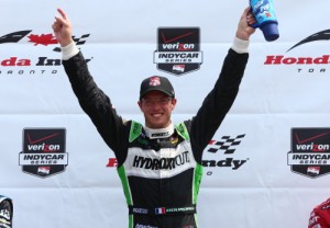 Sebastien Bourdais celebrates after scoring the victory in the first of two Verizon IndyCar Series races Sunday morning at Toronto.  Photo by Chris Jones