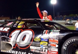 Steve Dorer waves to the crowd after scoring the win in Saturday night's JEGS/CRA All Star Tour feature at Anderson Speedway.  Photo courtesy CRA Media