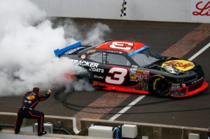 Ty Dillon celebrates with a burnout after winning his first NASCAR Nationwide Series race Saturday afternoon at Indianapolis Motor Speedway.  Photo by Sean Gardner/NASCAR via Getty Images
