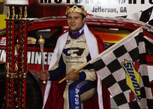 Casey Roderick earned the right to wear the crown in Victory Lane at Gresham Motorsports Park Saturday night with a win in the World Crown 300.  Photo by Terry Spackman