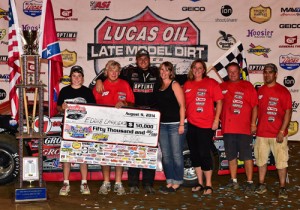 Eddie Carrier, Jr. earned the biggest win of his career Sunday night in the North South 100 at Florence Speedway.  Photo courtesy LOLMDS Media
