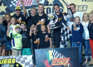 Eric Lee celebrates with his team and family after winning Saturday night's JEGS/CRA All-Stars Tour victory at Auto City Speedway.  Photo courtesy CRA Media