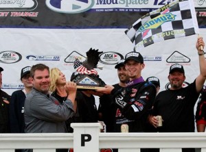 Justin Allison celebrates with his crew after scoring his first career ARCA Racing Series victory Friday afternoon at Pocono Raceway.  Photo courtesy ARCA Media