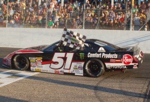 Kyle Busch takes a victory lap after scoring the ARCA/CRA Super Series victory Wednesday at Kalamazoo Speedway.  Photo courtesy CRA Media