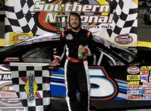 Lee Pulliam swept the twin Late Model Stock features Saturday night at Southern National Motorsports Park.  Photo courtesy SNMP Media