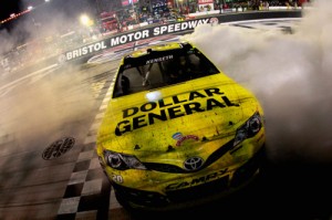Matt Kenseth hopes to repeat the scene from last year with another win in Saturday night's NASCAR Sprint Cup Series raced at Bristol Motor Speedway.  Photo by Sean Gardner/Getty Images