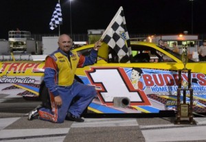 Mike Garvey raced to Victory Lane in Saturday night's Pro Late Model feature at Montgomery Motor Speedway.  Photo courtesy MMS Media