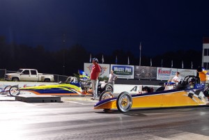Super Pro winner Wesley Mayfield (far lane) defeated Bruce Wilson (near lane) for Saturday night's Super Pro victory at Atlanta Dragway.  Photo by Tim Glover
