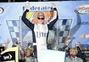 Brad Keselowski celebrates in Victory Lane after winning last week's NASCAR Sprint Cup Series race at Richmond International Raceway.  Photo by Rainier Ehrhardt/NASCAR via Getty Images