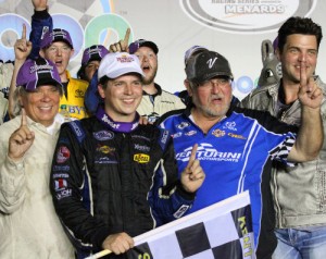 Brennan Poole celebrates with his Venturini Motorsports crew after scoring the ARCA Racing Series victory Friday night at Kentucky Speedway.  Photo courtesy ARCA Media