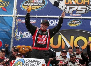 Cole Custer celebrates iafter winning his first NASCAR Camping World Truck Series race Saturday afternoon at New Hampshire Motor Speedway.  Photo by Sarah Glenn/NASCAR via Getty Images