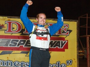 Jason Croft celebrates in victory lane after scoring the Super Late Model feature win Saturday night at Dixie Speedway.  Photo by Kevin Prater/praterphoto.com