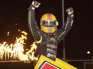 Joey Saldana scored the victory Friday night in the World of Outlaws STP Sprint Car Series Four Crown Nationals at Eldora Speedway.  Photo by Mike Campbell