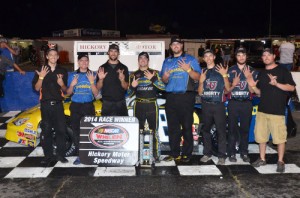 Josh Berry and his crew celebrate thier victory in Saturday night's Bobby Isaac Memorial at Hickory Motor Speedway.  Photo by Sherri Stearns