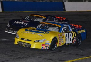 Josh Berry (88) and William Byron (9) scored wins in the twin Late Model features Saturday night at Hickory Motor Speedway.  Photo by Sherri Stearns