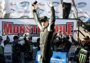 Kyle Busch celebrates in Victory Lane after winning Saturday's NASCAR Nationwide Series race at Dover International Speedway.  Photo by Nick Laham/Getty Images
