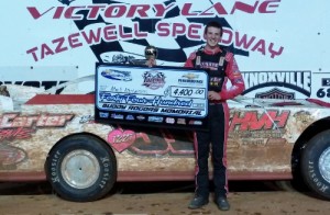 Mack McCarter celebrates his first career Chevrolet Performance Super Late Model Series win on Saturday night at Tazewell Speedway.  Photo by Adam Stewart