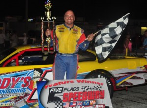 Mike Garvey sped to the Pro Late Model victory at 5 Flags Speedway Saturday night. Photo by Fastrax Photos/Tom Wilsey/Loxley, AL
