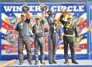 Shane Gray (Pro Stock), Eddie Krawiec (Pro Stock Motorcycle), Alexis DeJoria (Funny Car) and Richie Crampton (Top Fuel) each scored thier first career U.S. Nationals victories Monday afternoon at Indianapolis.  Photo by Rhonda McCole