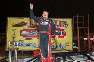 Randy Weaver waves to the crowd after scoring the Super Late Model victory Saturday night at Dixie Speedway.  Photo by Kevin Prater/praterphoto.com