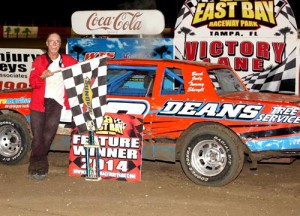 Roy Woodhouse is all smiles in victory lane after scoring the V8 Warriors victory at East Bay Raceway Park Saturday night.  Photo courtesy EBRP Media