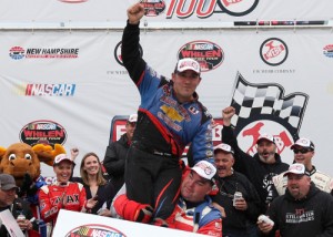 Woody Pitkat emerges victorious in Victory Lane after scoring the NASCAR Whelen Modified Tour win Saturday at New Hampshire Motor Speedway.  Photo by Getty Images for NASCAR
